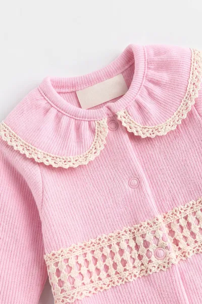 Pembe (0-9 Ay)  Fisto Yakalı  Waffle Kumaş Çıtçıtlı Şapkalı Kız Bebek Tulum 486979