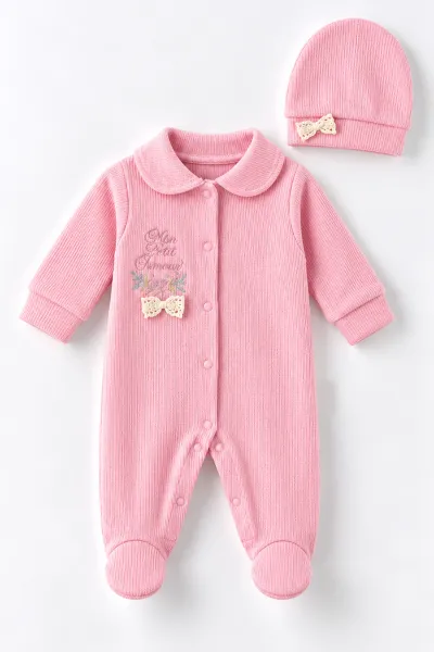 Pembe (0-9 Ay)  Fiyonklu Çiçek Nakışlı Waffle Kumaş Çıtçıtlı Şapkalı Kız Bebek Tulum 486987