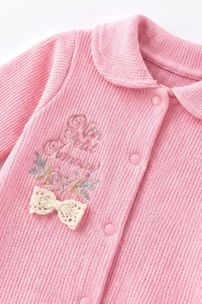 Pembe (0-9 Ay)  Fiyonklu Çiçek Nakışlı Waffle Kumaş Çıtçıtlı Şapkalı Kız Bebek Tulum 486987