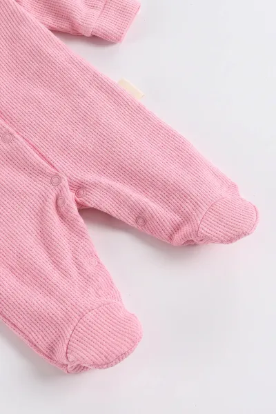 Pembe (0-9 Ay)  Fiyonklu Çiçek Nakışlı Waffle Kumaş Çıtçıtlı Şapkalı Kız Bebek Tulum 486987