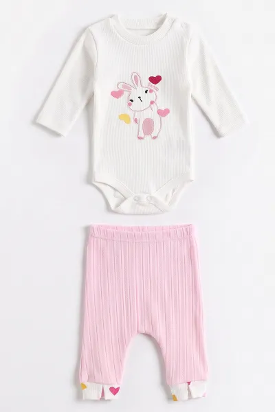 Pembe (0-9 Ay) Kalpli Tavşan Nakışlı Kapüşonlu Hırkalı Kız Bebek 3'lü Takım 476061