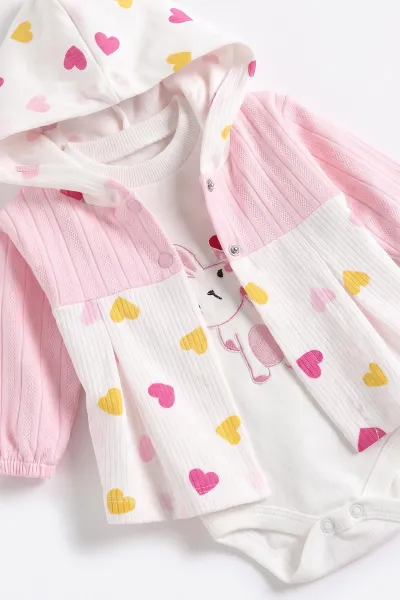 Pembe (0-9 Ay) Kalpli Tavşan Nakışlı Kapüşonlu Hırkalı Kız Bebek 3'lü Takım 476061