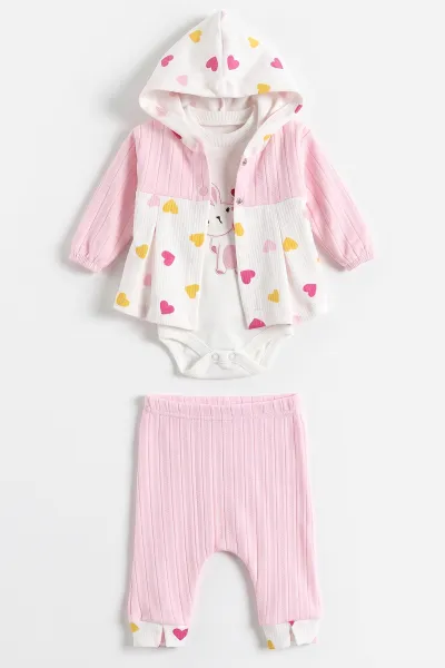 Pembe (0-9 Ay) Kalpli Tavşan Nakışlı Kapüşonlu Hırkalı Kız Bebek 3'lü Takım 476061