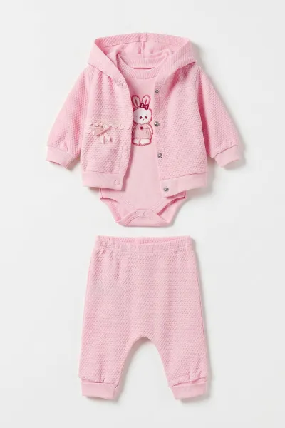 Pembe (0-9 Ay) Kedi Nakışlı Zıbınlı Kapüşonlu Hırkalı Kız Bebek 3'lü Takım 475943