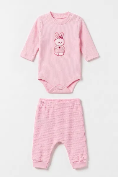 Pembe (0-9 Ay) Kedi Nakışlı Zıbınlı Kapüşonlu Hırkalı Kız Bebek 3'lü Takım 475943