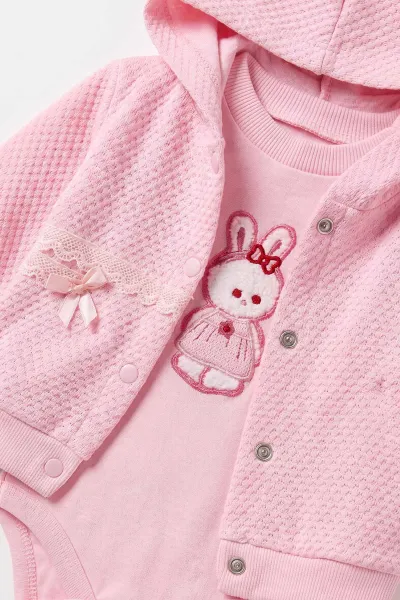 Pembe (0-9 Ay) Kedi Nakışlı Zıbınlı Kapüşonlu Hırkalı Kız Bebek 3'lü Takım 475943