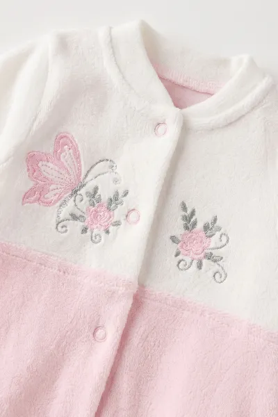 Pembe (0-9 Ay) Kelebek Nakışlı Patikli Şapkalı Kadife Kız Bebek Tulum 497902