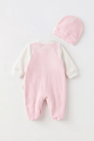 Pembe (0-9 Ay) Kelebek Nakışlı Patikli Şapkalı Kadife Kız Bebek Tulum 497902