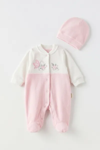Pembe (0-9 Ay) Kelebek Nakışlı Patikli Şapkalı Kadife Kız Bebek Tulum 497902