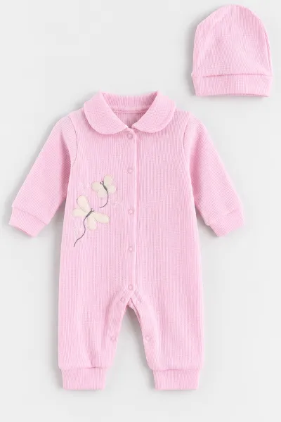 Pembe (0-9 Ay)  Kelebek Nakışlı Waffle Kumaş Çıtçıtlı Şapkalı Kız Bebek Tulum 487000