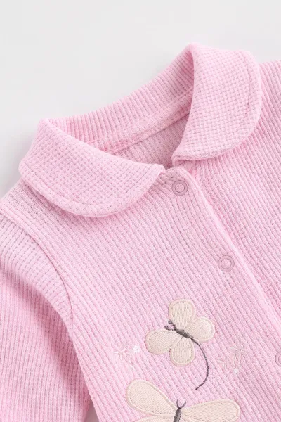 Pembe (0-9 Ay)  Kelebek Nakışlı Waffle Kumaş Çıtçıtlı Şapkalı Kız Bebek Tulum 487000