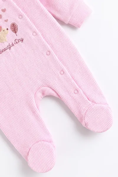 Pembe (0-9 Ay)  Kirpi Nakışlı Waffle Kumaş Çıtçıtlı Şapkalı Kız Bebek Tulum 486991