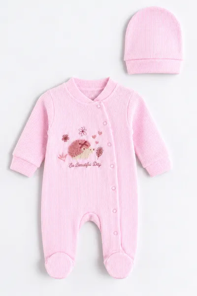 Pembe (0-9 Ay)  Kirpi Nakışlı Waffle Kumaş Çıtçıtlı Şapkalı Kız Bebek Tulum 486991