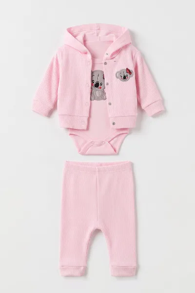 Pembe (0-9 Ay) Koala Nakışlı Zıbınlı Hırkalı 3'lü Kız Bebek Takım 475960