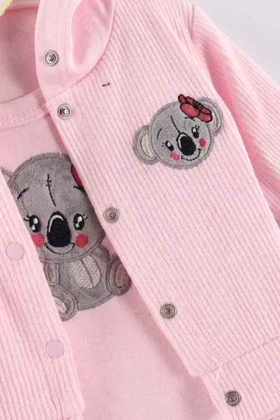 Pembe (0-9 Ay) Koala Nakışlı Zıbınlı Hırkalı 3'lü Kız Bebek Takım 475960
