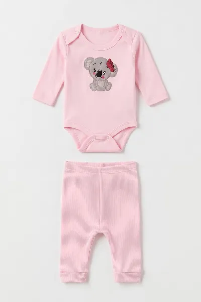 Pembe (0-9 Ay) Koala Nakışlı Zıbınlı Hırkalı 3'lü Kız Bebek Takım 475960