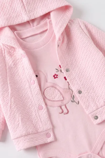 Pembe (0-9 Ay) Kuş Nakışlı Zıbınlı Kapüşonlu Hırkalı Kız Bebek 3'lü Takım 476052