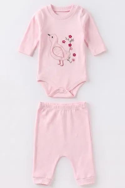 Pembe (0-9 Ay) Kuş Nakışlı Zıbınlı Kapüşonlu Hırkalı Kız Bebek 3'lü Takım 476052