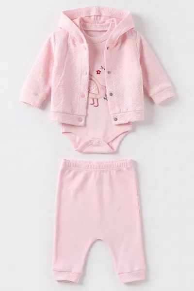 Pembe (0-9 Ay) Kuş Nakışlı Zıbınlı Kapüşonlu Hırkalı Kız Bebek 3'lü Takım 476052