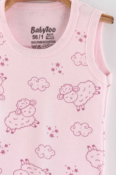 Pembe (0-9 Ay) Kuzu Desenli   Sıfır Kol Bebek Çıtçıtlı Badi 462992