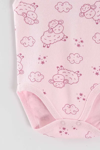 Pembe (0-9 Ay) Kuzu Desenli   Sıfır Kol Bebek Çıtçıtlı Badi 462992