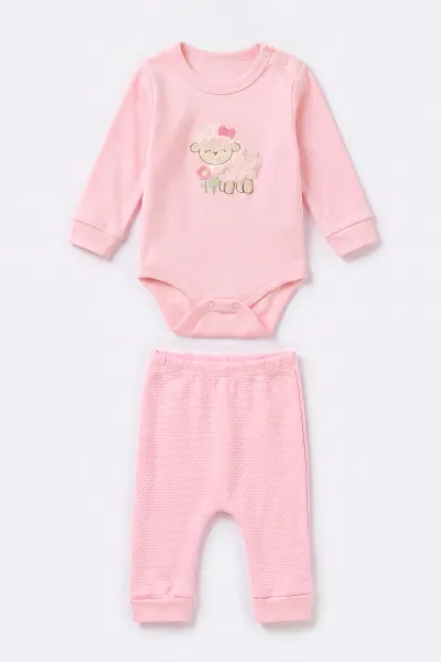 Pembe (0-9 Ay) Kuzu Nakışlı Zıbınlı Hırkalı 3'lü Kız Bebek Takım 475959
