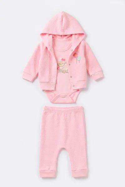 Pembe (0-9 Ay) Kuzu Nakışlı Zıbınlı Hırkalı 3'lü Kız Bebek Takım 475959