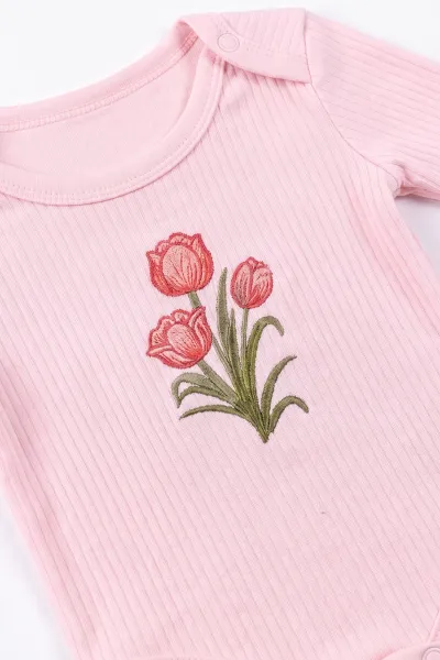 Pembe (0-9 Ay) Lale Nakışlı   Kız Bebek Takım 480478