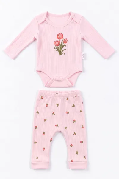 Pembe (0-9 Ay) Lale Nakışlı   Kız Bebek Takım 480478