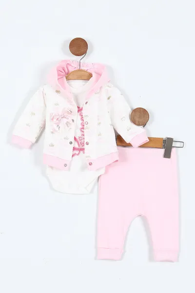 Pembe (0-9 Ay)  Princess Nakışlı   Zıbınlı Kapüşonlu Hırkalı   Kız  Bebek 3'lü Takım 408491