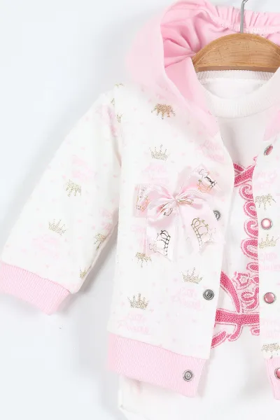 Pembe (0-9 Ay)  Princess Nakışlı   Zıbınlı Kapüşonlu Hırkalı   Kız  Bebek 3'lü Takım 408491