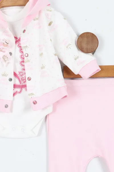 Pembe (0-9 Ay)  Princess Nakışlı   Zıbınlı Kapüşonlu Hırkalı   Kız  Bebek 3'lü Takım 408491