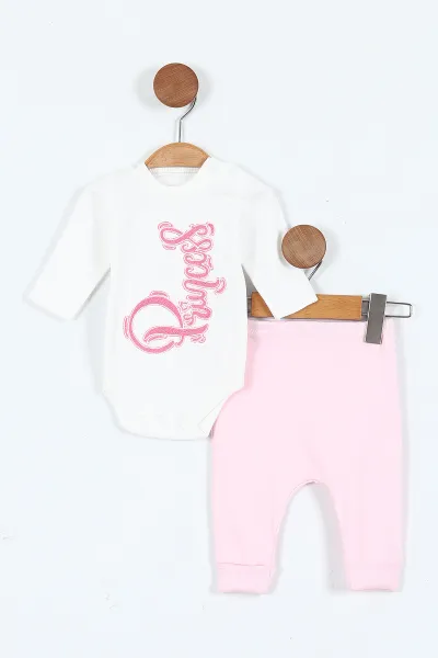 Pembe (0-9 Ay)  Princess Nakışlı   Zıbınlı Kapüşonlu Hırkalı   Kız  Bebek 3'lü Takım 408491