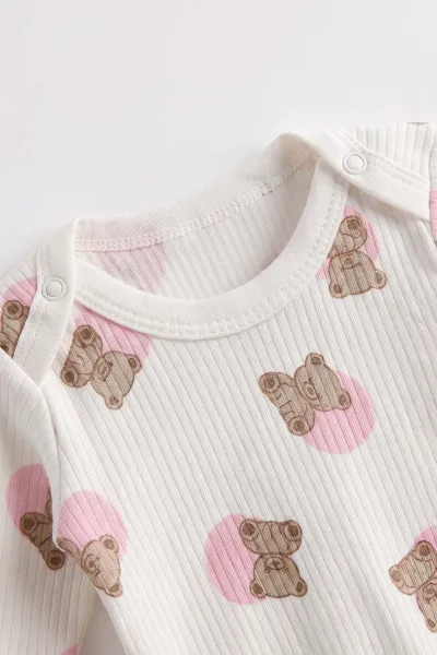 Pembe (0-9 Ay )Puanlı Ayıcık Desenli  Uzun Kollu    Bebek & Çocuk Çıtçıtlı Badi 480364