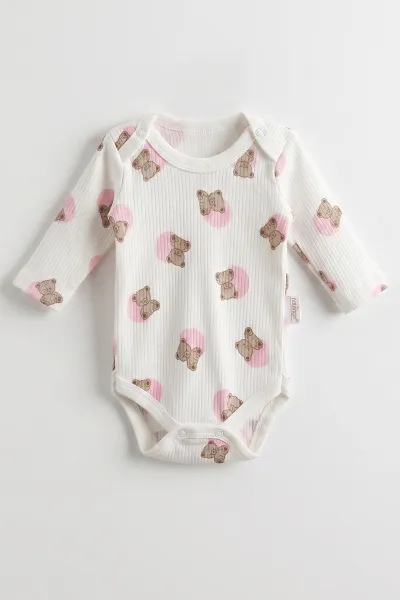 Pembe (0-9 Ay )Puanlı Ayıcık Desenli  Uzun Kollu    Bebek & Çocuk Çıtçıtlı Badi 480364