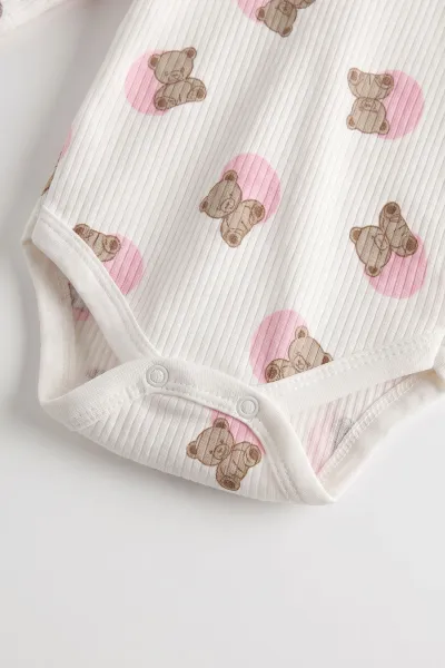 Pembe (0-9 Ay )Puanlı Ayıcık Desenli  Uzun Kollu    Bebek & Çocuk Çıtçıtlı Badi 480364
