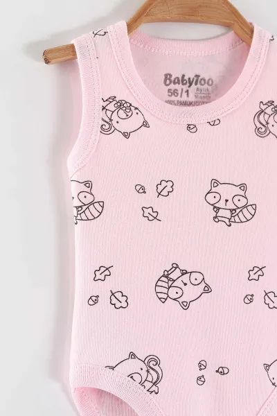 Pembe (0-9 Ay) Rakun Desenli   Sıfır Kol Bebek Çıtçıtlı Badi 462997