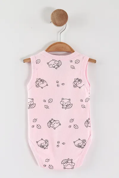 Pembe (0-9 Ay) Rakun Desenli   Sıfır Kol Bebek Çıtçıtlı Badi 462997