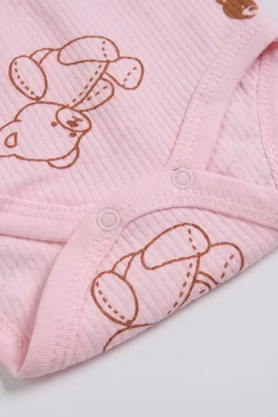 Pembe (0-9 Ay )  Raporlu Ayıcık Baskılı Kısa Kol  Bebek & Çocuk Çıtçıtlı Badi 480420