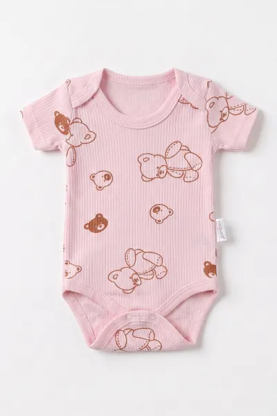 Pembe (0-9 Ay )  Raporlu Ayıcık Baskılı Kısa Kol  Bebek & Çocuk Çıtçıtlı Badi 480420