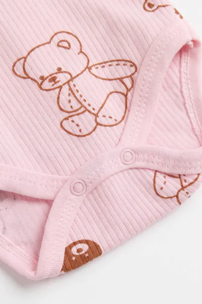Pembe (0-9 Ay )Raporlu Ayıcık Desenli  Uzun Kollu    Bebek & Çocuk Çıtçıtlı Badi 480370