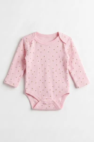 Pembe (0-9 Ay )Raporlu Çiçek Desenli  Uzun Kollu Kız    Bebek & Çocuk Çıtçıtlı Badi 480379