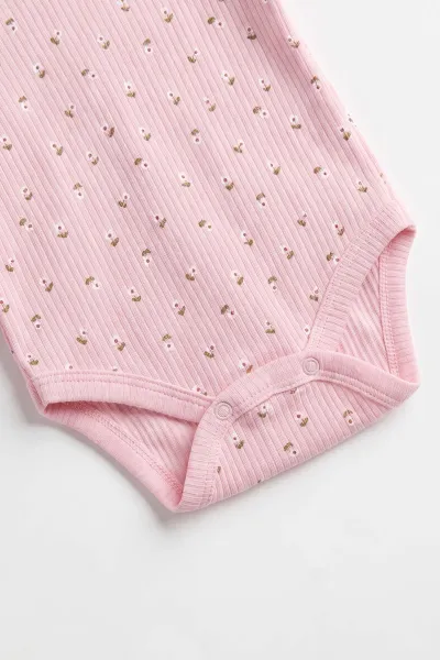 Pembe (0-9 Ay )Raporlu Çiçek Desenli  Uzun Kollu Kız    Bebek & Çocuk Çıtçıtlı Badi 480379