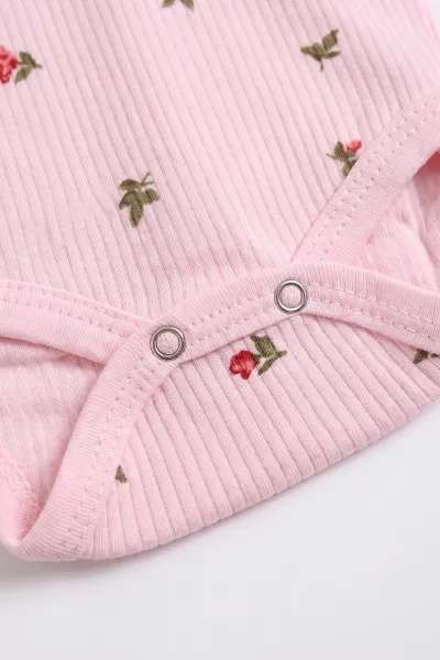 Pembe (0-9 Ay )Raporlu Lale Desenli  Uzun Kollu Kız    Bebek & Çocuk Çıtçıtlı Badi 480381