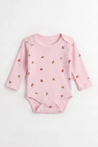 Pembe (0-9 Ay )Raporlu Lale Desenli  Uzun Kollu Kız    Bebek & Çocuk Çıtçıtlı Badi 480381