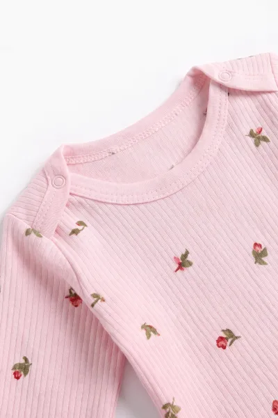 Pembe (0-9 Ay )Raporlu Lale Desenli  Uzun Kollu Kız    Bebek & Çocuk Çıtçıtlı Badi 480381