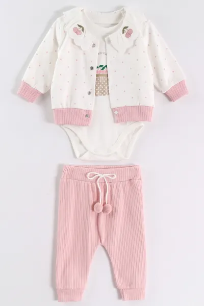 Pembe (0-9 Ay) Sepette Kiraz Baskılı Çıtçıtlı Badili Yakası Nakışlı Hırkalı  Bebek 3'lü Takım 477045