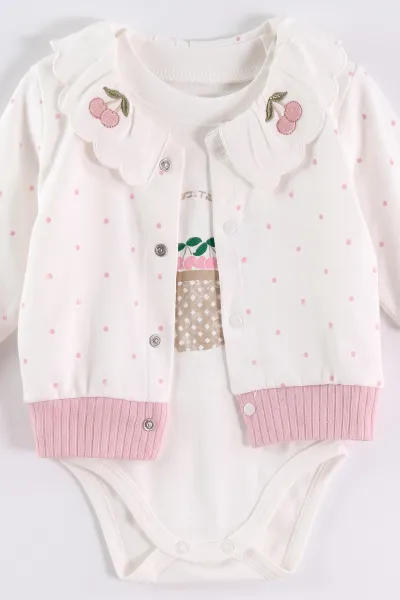 Pembe (0-9 Ay) Sepette Kiraz Baskılı Çıtçıtlı Badili Yakası Nakışlı Hırkalı  Bebek 3'lü Takım 477045