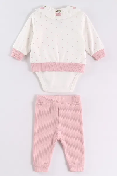 Pembe (0-9 Ay) Sepette Kiraz Baskılı Çıtçıtlı Badili Yakası Nakışlı Hırkalı  Bebek 3'lü Takım 477045