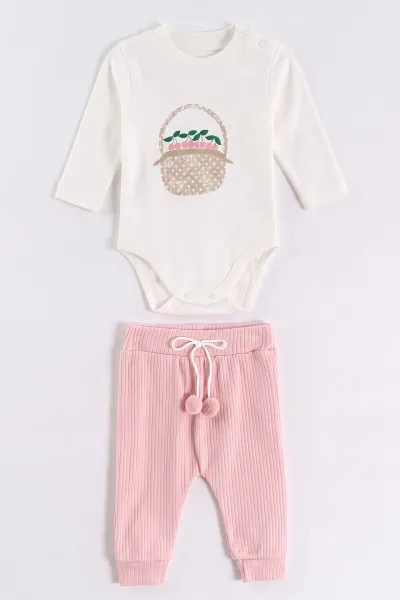 Pembe (0-9 Ay) Sepette Kiraz Baskılı Çıtçıtlı Badili Yakası Nakışlı Hırkalı  Bebek 3'lü Takım 477045